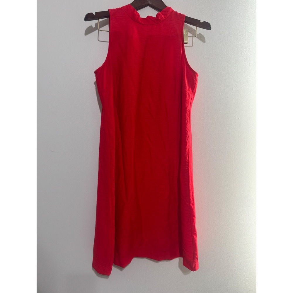 Brass Red High Neck Tie Back Sleeveless Shift Dress Sz  8 Mock Neck Keyhole Back